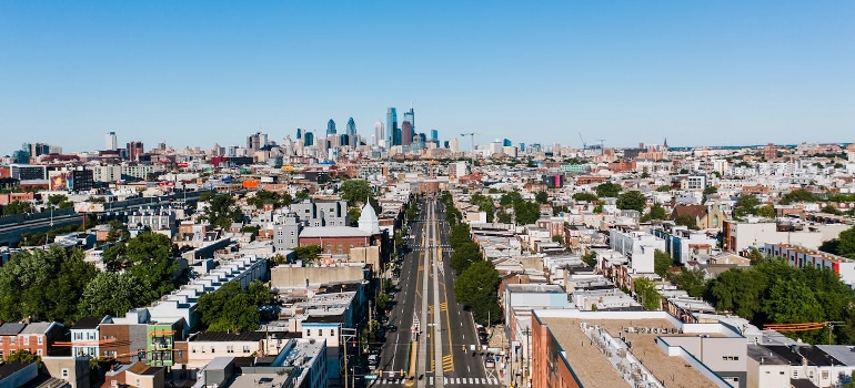 Roads between modern residential buildings in Philadelphia.