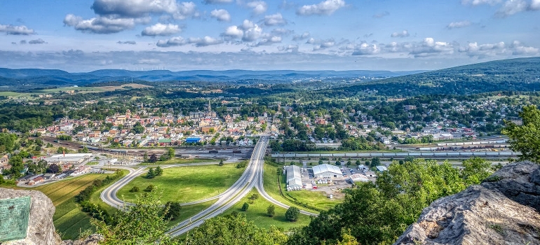 Rocks, roads, and the city under the Pennsylvania sky.
