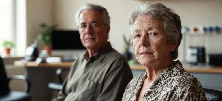 senior couple sitting in a waiting room